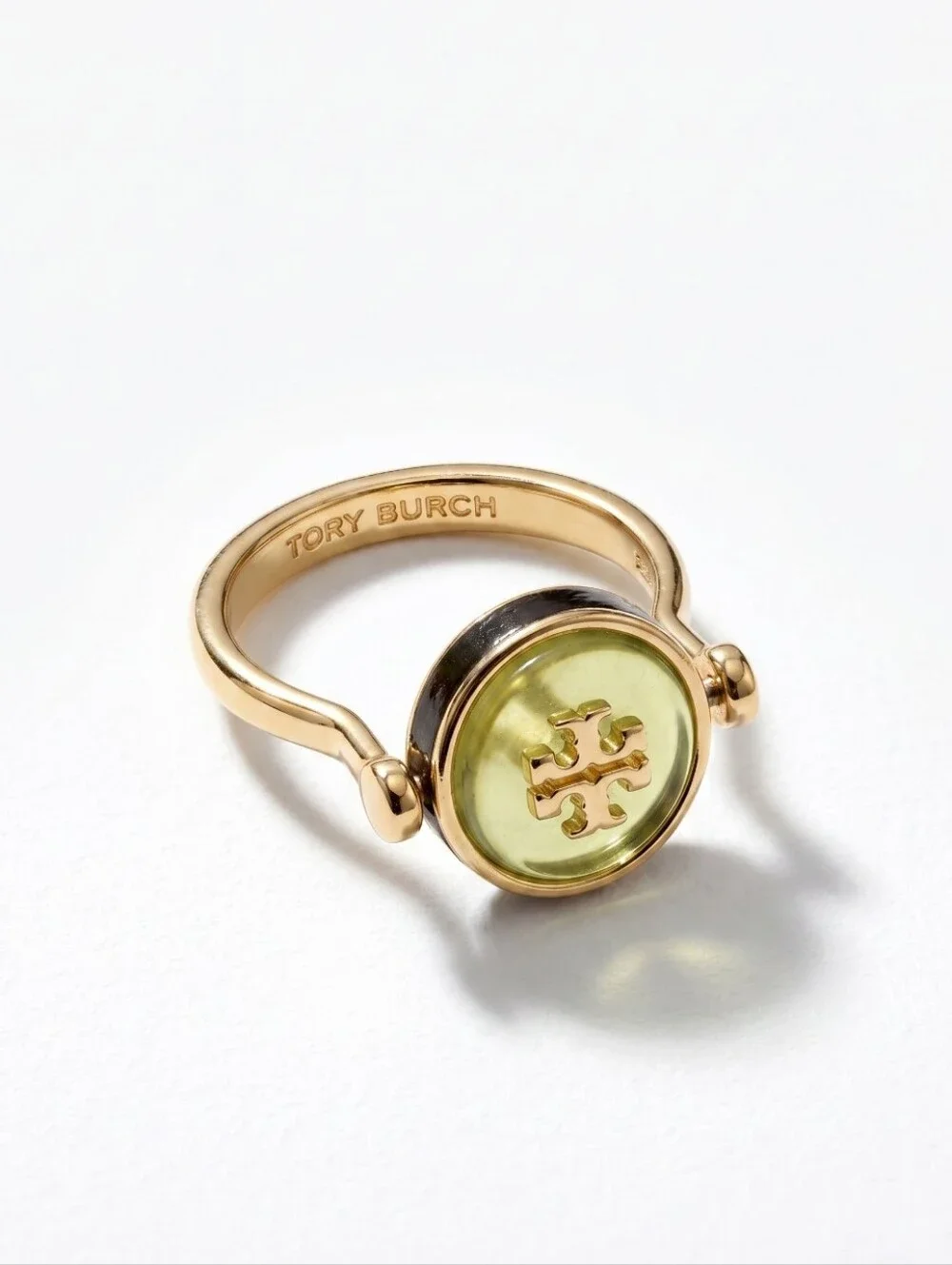 Tory Burch Kia Semiprecious Rotational Gold Ring with Light Green Logo Center